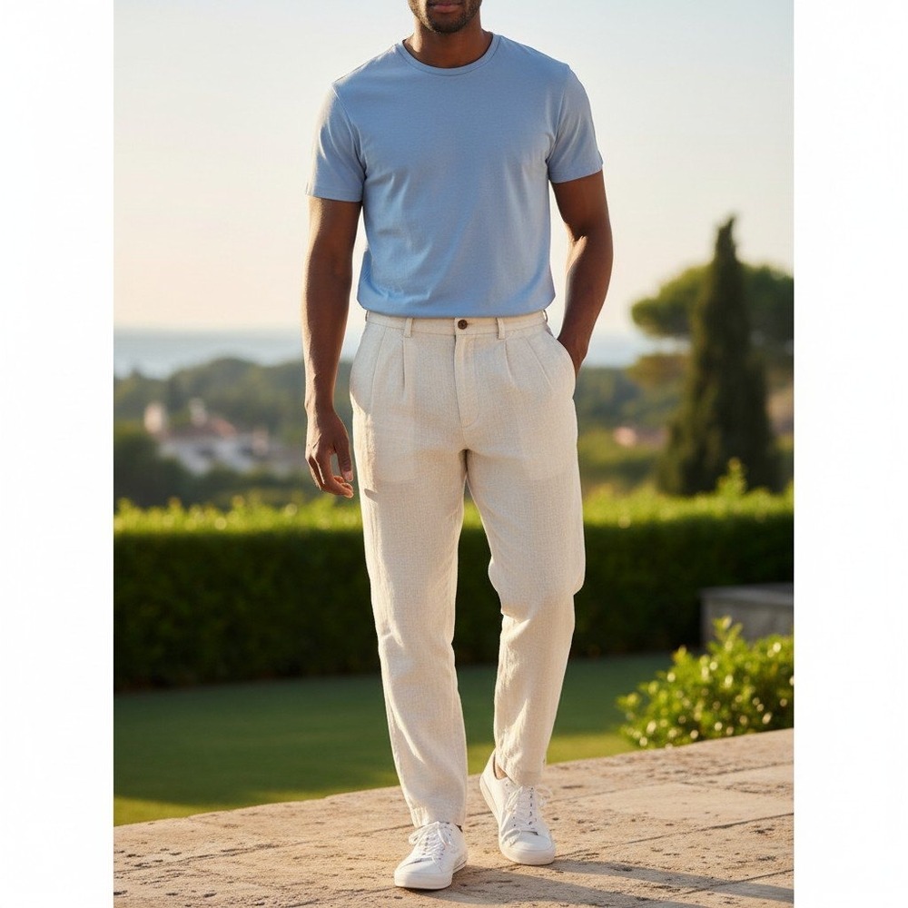Perry Ellis Mens Beige Linen Cotton Pleated Trousers Straight Leg Pants 34x31